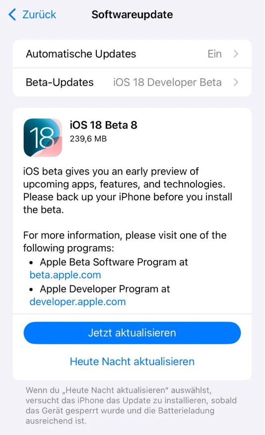 天台苹果手机维修分享苹果 iOS / iPadOS 18 开发者预览版 Beta 8 发布 